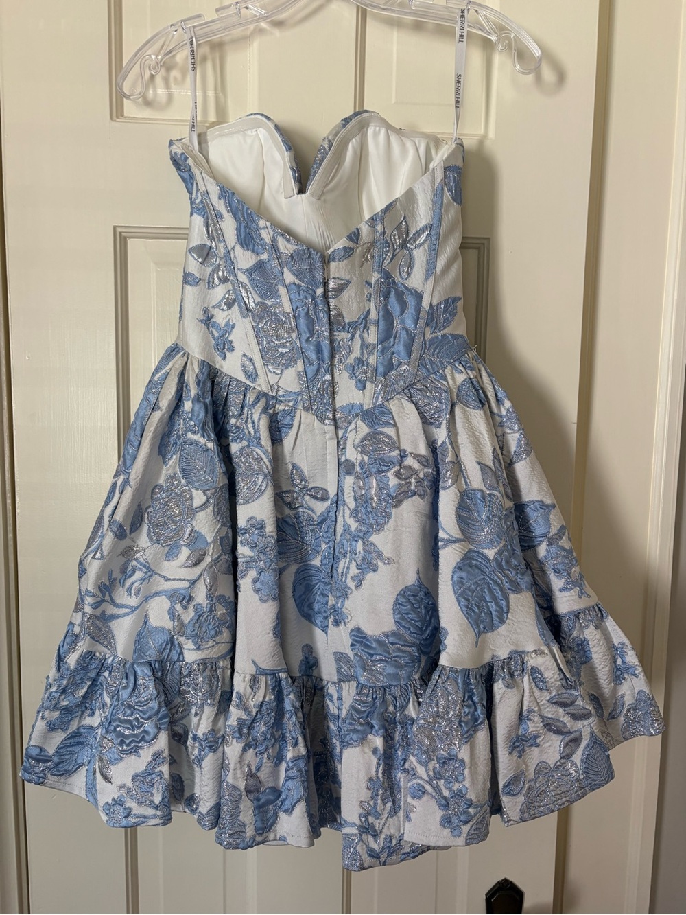 Sherri Hill Blue and White brocade homecoming dress size 0 - Picture 2 of 7